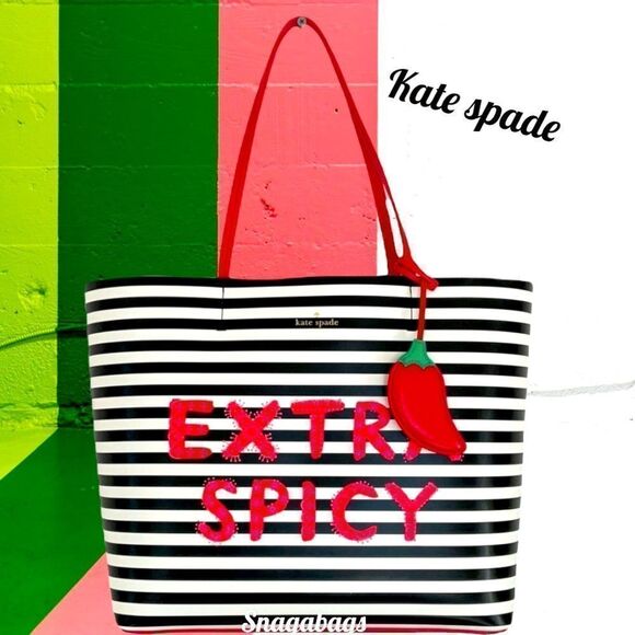 KATE SPADE NWT CHILI PEPPER LEN TOTE SHOULDER BAG EXTRA SPICY RED BLACK STRIPED - Picture 2 of 11